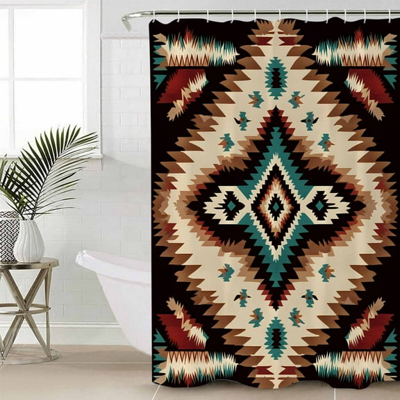 Brown Teal Red Boho Waterproof Fabric Shower Curtain, Southwestern Vintage Geometric Art Shower Curtain for Bathroom Curtains Bathtubs Hotel Washable Shower Curtains with 12 Hooks Standard 60x72