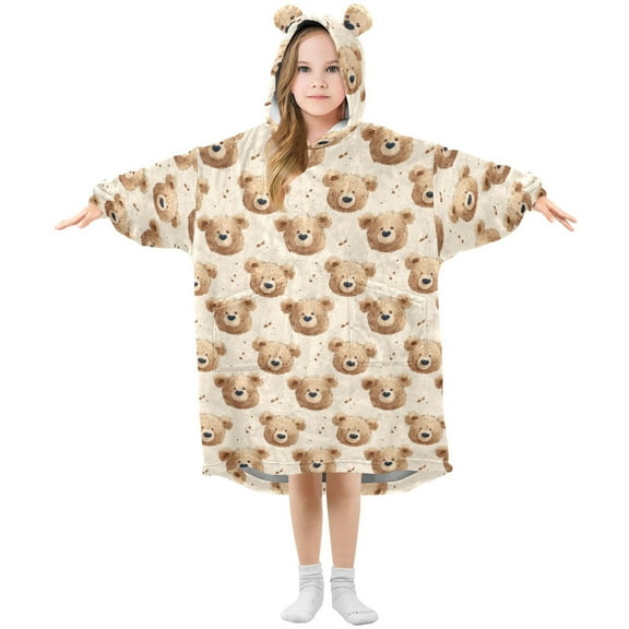 Wearable Blanket Hoodie for Kids Bear Lovely Flannel Hooded Blanket with Pockets and Sleeves Suitable for Boys and Girls
