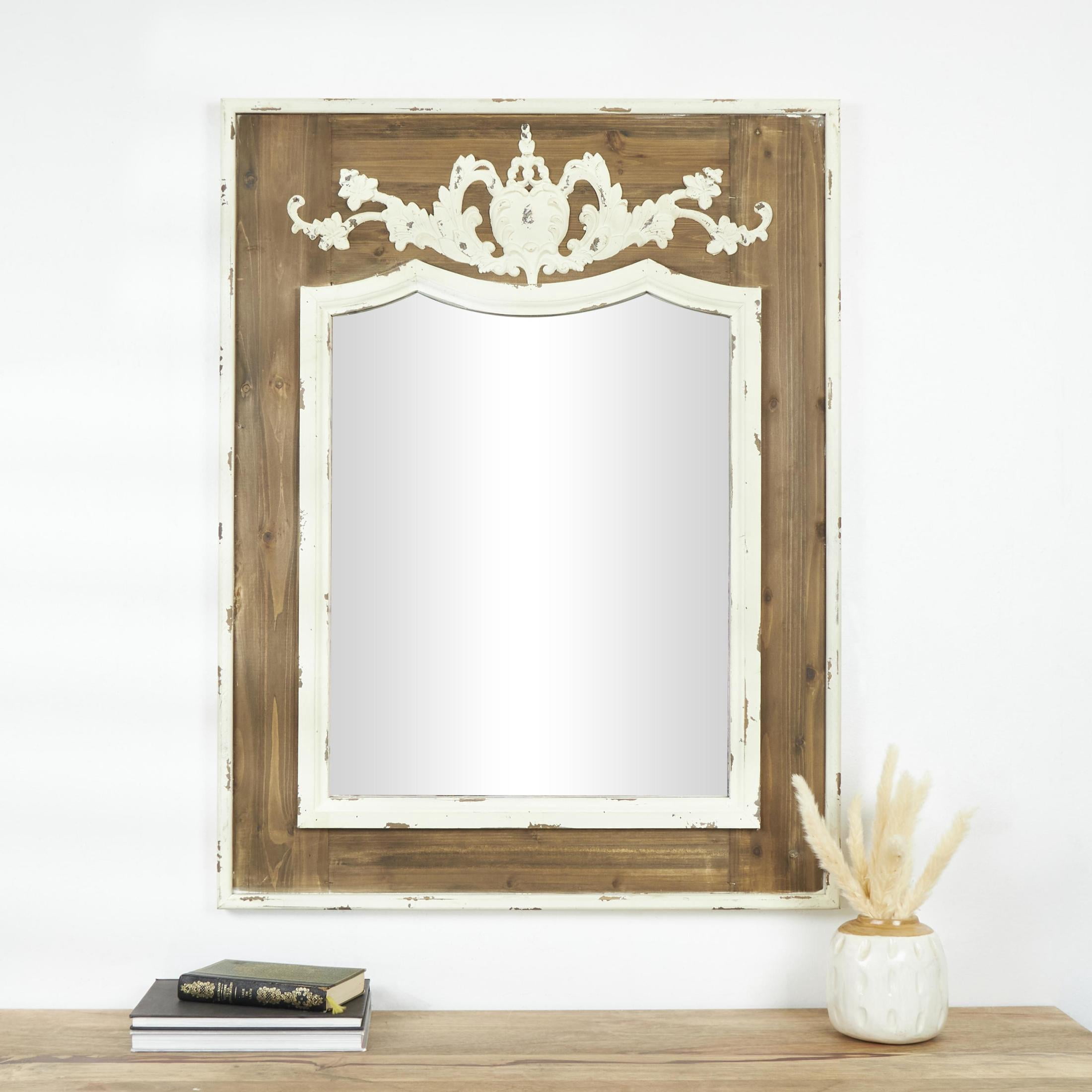 DecMode 33" x 43" Brown Vintage Inspired Acanthus Scroll Floral Wall Mirror with Distressed Cream Accents