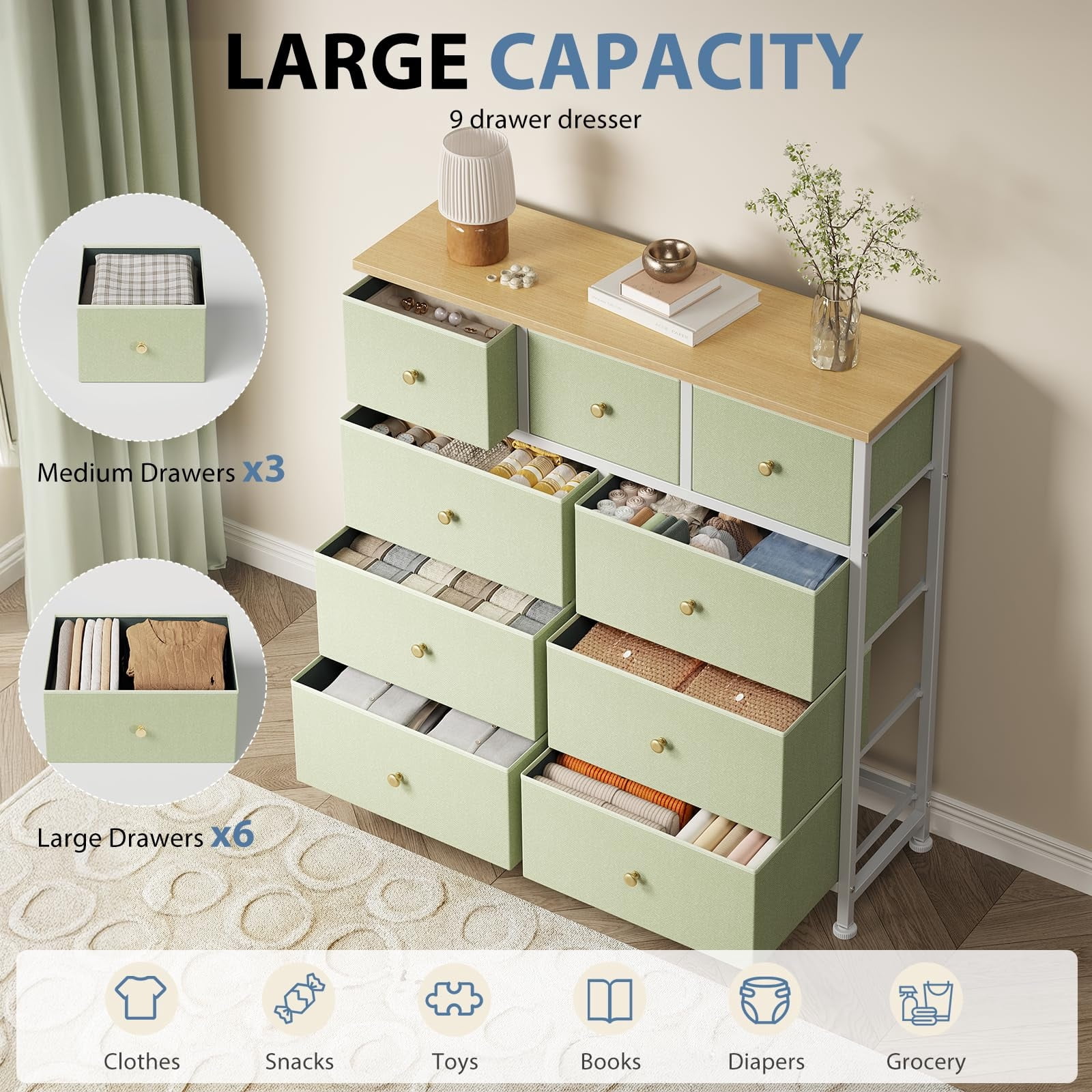 Telyra 9-Drawer Fabric Dresser Tall Storage Tower with Wood Top and Steel Frame Bedroom Closet Organizer, Light Green
