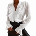 thumbnail image 2 of Women'S Solid Color Casual Blouse Stand Collar Long Sleeve Ruffle Trim Shirt Elegant Top White XXL, 2 of 8