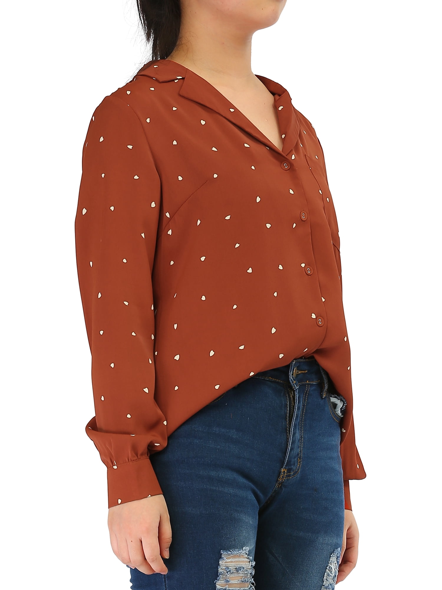 DARING DIVA Women's Notched Lapel V Neck Heart Polka Dots Shirt S Brown Red