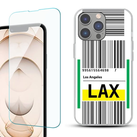 Slim-Fit Gel TPU Phone Case for iPhone 14 Pro, with Tempered Glass Screen Protector, by OneToughShield ® - Airport Tag / Los Angeles
