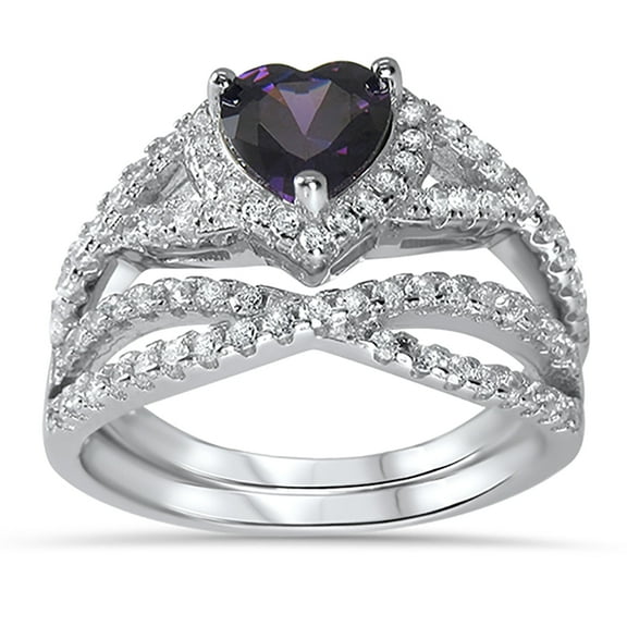 LaRaso Co 2.5 Carat TW Purple Amethyst CZ Bridal Wedding Engagement Ring Set in Sterling Silver for Women Size 8