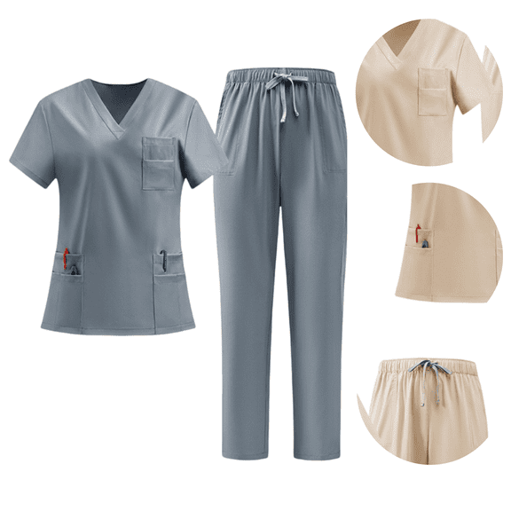 Scrubs for Women Set Stretch V-Neck Top & Jogger Pants with Drawstring Nursing Uniforms Set with Pockets L