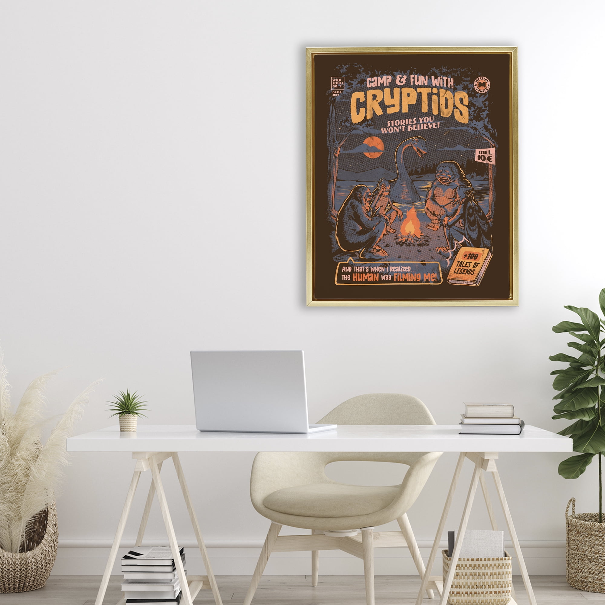 Stupell Industries Cryptid Camp Humor Gold Framed Floater Canvas Wall Art, design by EduEly Designs