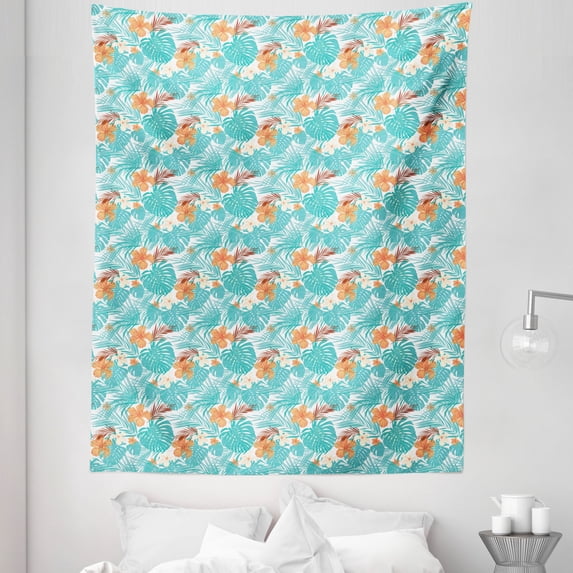 Aloha Tapestry, Summer Scene of Palm Tree Leaves and Hibiscus Flowers, Fabric Wall Hanging Decor for Bedroom Living Room Dorm, 5 Sizes, Orange Turquoise, by Ambesonne