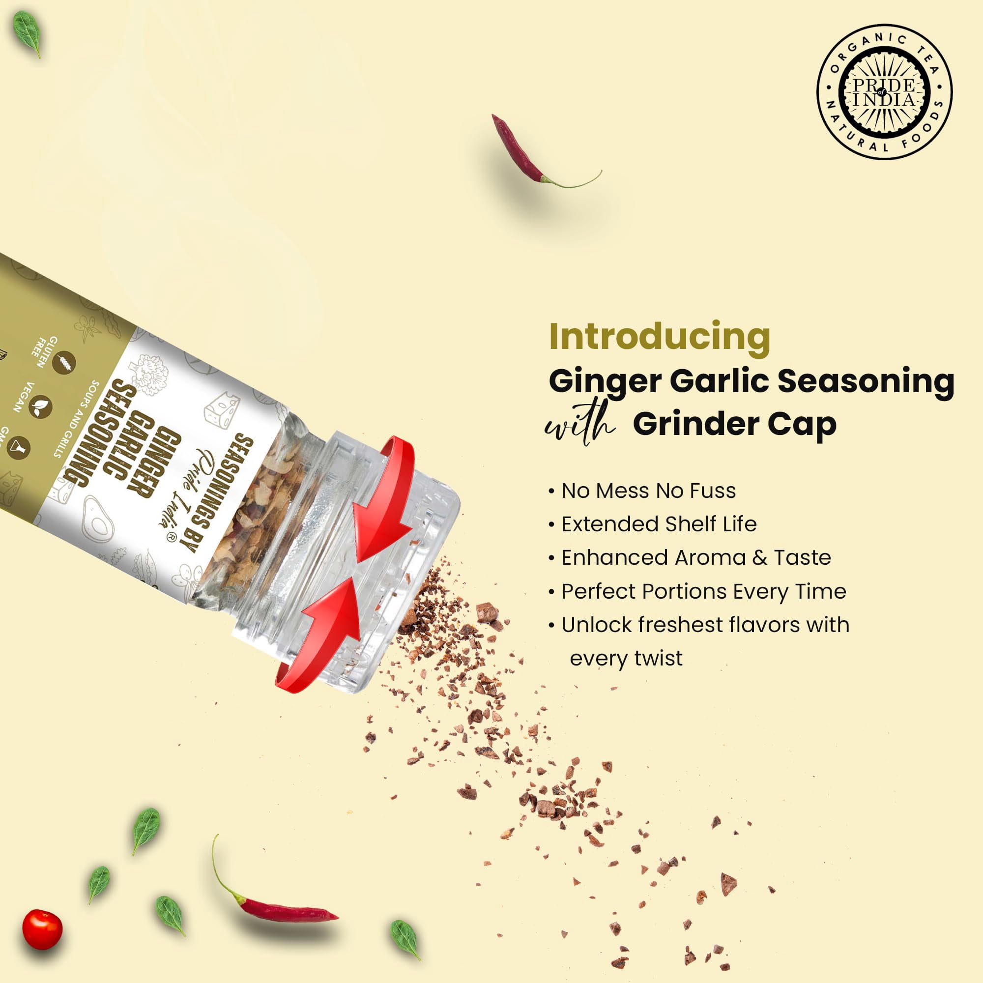 PACK of 6-Ginger Garlic Seasoning 2.3 oz Convenient Grinder Cap Spicy Savory Taste For Cooking, Marinating Stir-Frying Roasting Baking Ideal for Chicken Vegetables Soups by Pride of India