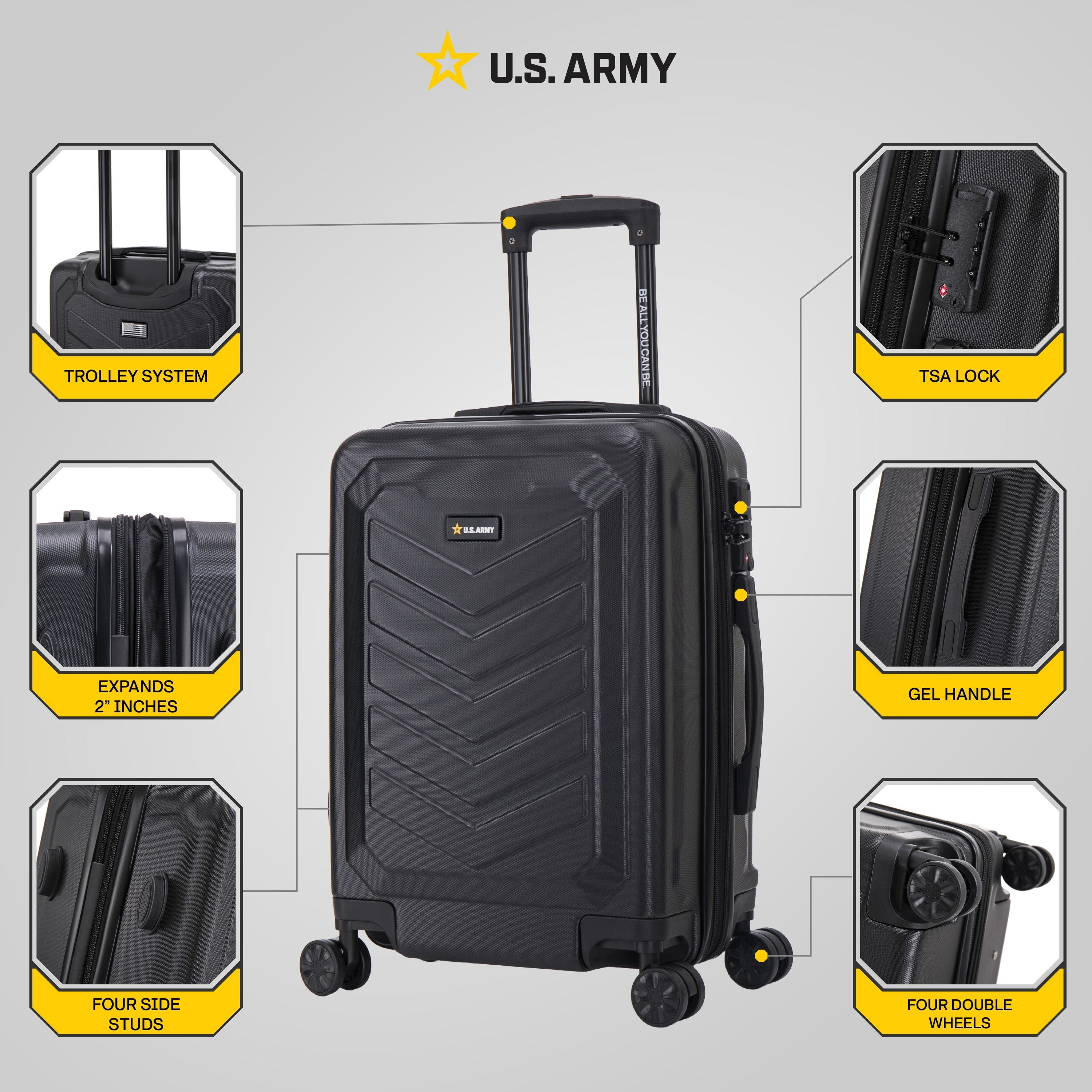 US ARMY FOX PRO 20" Expandable Carry-On Suitcase with TSA Lock Black