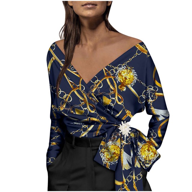 Camisa irregular elegante para mujer Impreso con cuello en V Manga larga Vendaje Blusa Túnica Arco Tops Fridja czfsfas3959