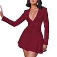 thumbnail image 3 of Women'S Elegant Deep V-Neck Long Sleeve Button Pleated Mini Blazer Dress Wine Red XS, 3 of 9