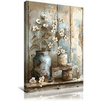 Framed Flower Canvas Print Farmhouse Style Rustic Floar Wall Decor White Jasmine and Rusty Watering Cans Painting for Living Room Bedroom Home Decor Ready to Hang 12x16in
