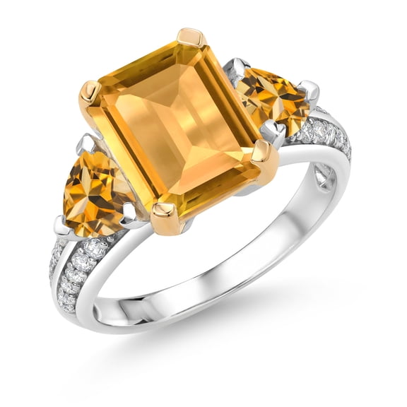 Gem Stone King 925 Sterling Silver and 10k Yellow Gold Yellow Citrine 3 Stone Engagement Ring for Women (3.91 Cttw, Emerald Cut Cut 10X8MM, Size 6)