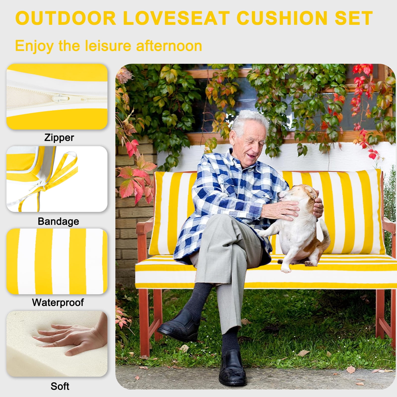 Outdoor Loveseat Cushions Set 48" x 24" Water Repellent & Fadeness Patio Furniture Cushions with Removable Cover and Ties, Patio Love Seat Sofa Cushions for Porch Garden Chair（Bright yellow white）