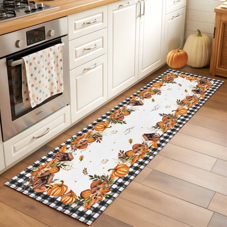 Thanksgiving Autumn Harvest Pumpkin Rectangle Area Rug 2x6ft Living Room Rug Non-Slip Washable Circle Rugs Pad Vintage Mushroom Soft Floor Carpet for Bedroom Dining Room