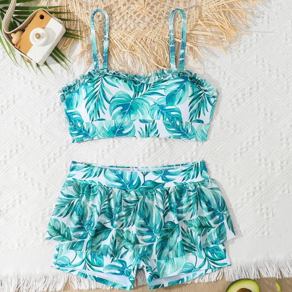 Cethrio Girls Bikini Swimsuits, Printed Summer Two Piece Swimsuit Tops and Swimsuit Bottoms Green Size 10-12