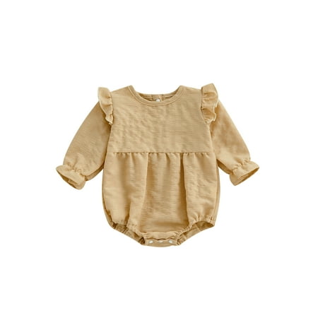 

Amuver Baby Romper Girls Solid Color Round Neck Long Sleeve Ruffle Bodysuit for Spring Autumn 0-12 Months