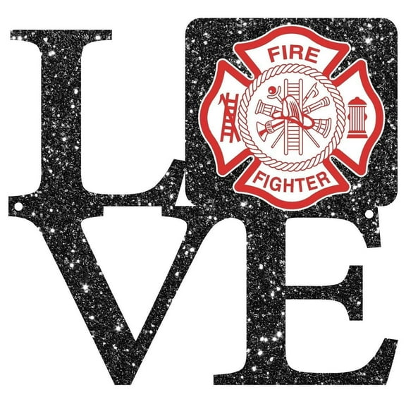 Firefighter Love Glitter Metal Wall Sign - 9" x 8" Black