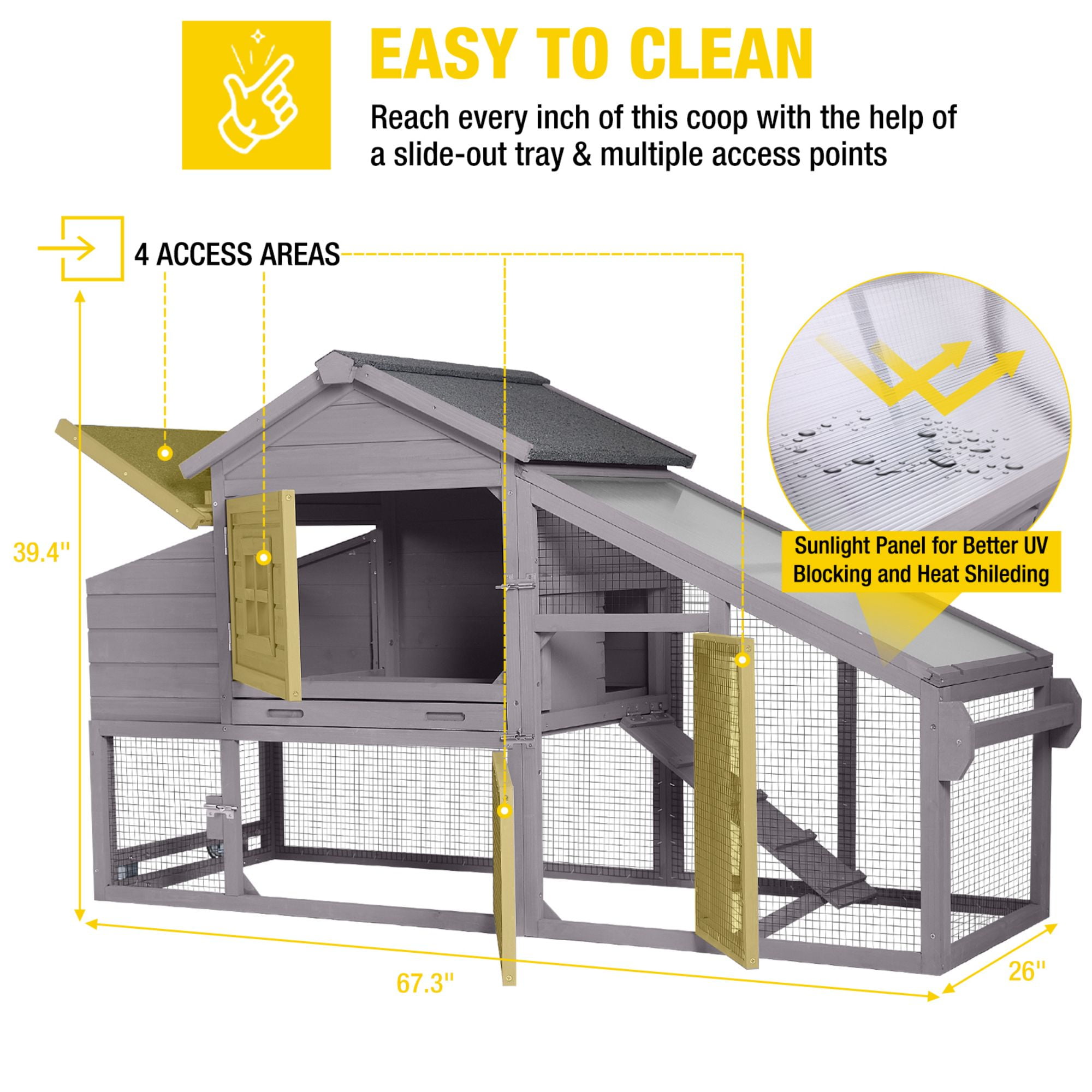 Aivituvin Mobile Chicken Coop with Wheels for 2-4 Chickens, Weatherproof Chicken House Poultry Cage with Nesting Box, Leakproof Pull-Out Tray for Outdoor Backyard, Gray