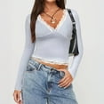 thumbnail image 2 of UYISJ Women's Y2K Long Sleeve Crop Top V Neck Lace Trim T-Shirt Slim Fit Streetwear Light Blue S, 2 of 5