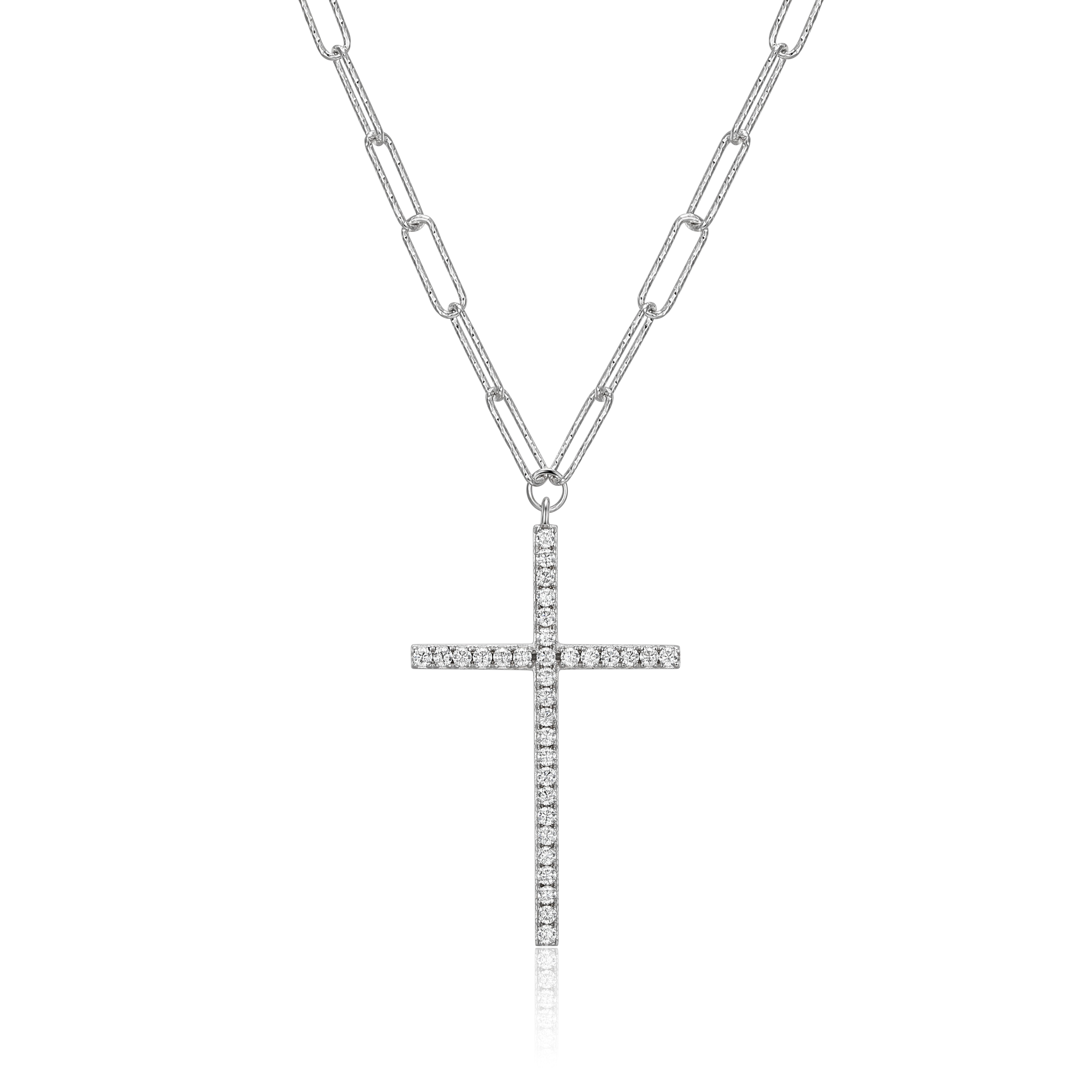 Forever Facets CZ Cross Paperclip Necklace Hand Set in Sterling Silver, 18" + 2" Extension