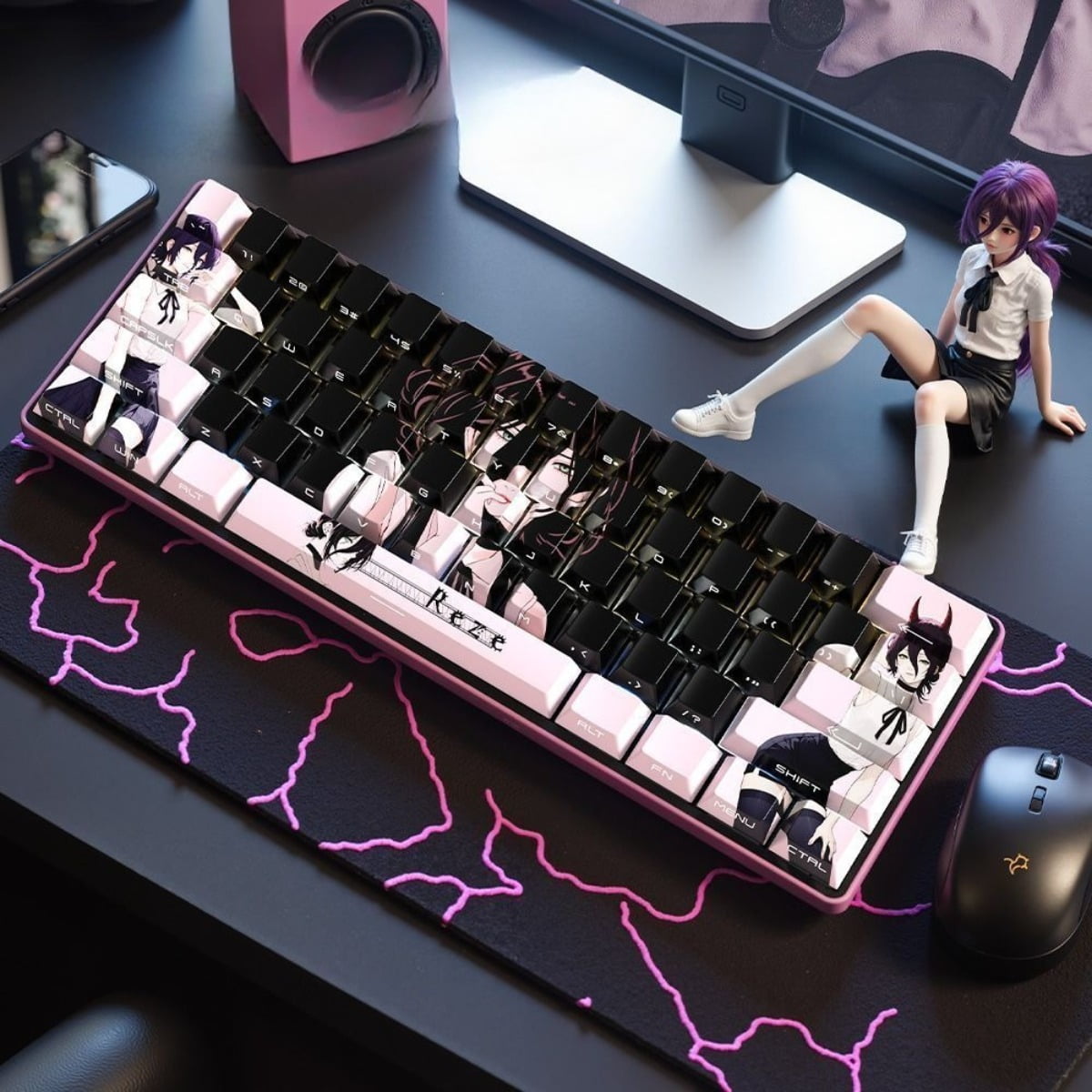REZE Pink OEM Profile Side-Printed Translucent Keycaps, 74-Key (Fits 61/68 Layout) & 129-Key Set, Compatible with Mad Catz MAD68