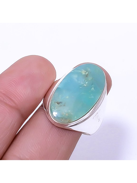 Blue Opal - Peru 925 Sterling Silver Ring Size 9.5|Handmade Ring, Gift for her, Cyan Ring, Gemstone Silver Jewelry