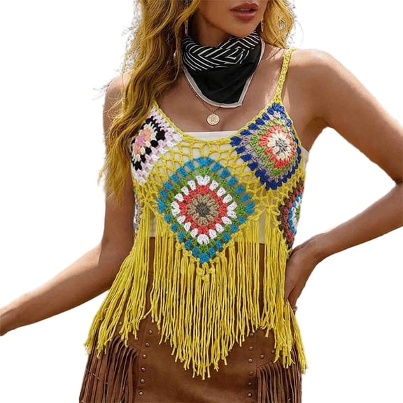 MOJOGO Bohemian Crocheted Tops for Women Fringe Cami Top Layerlook V-Neck Vacation Outfits Beach Music Festival Party Wear Yellow Free Size