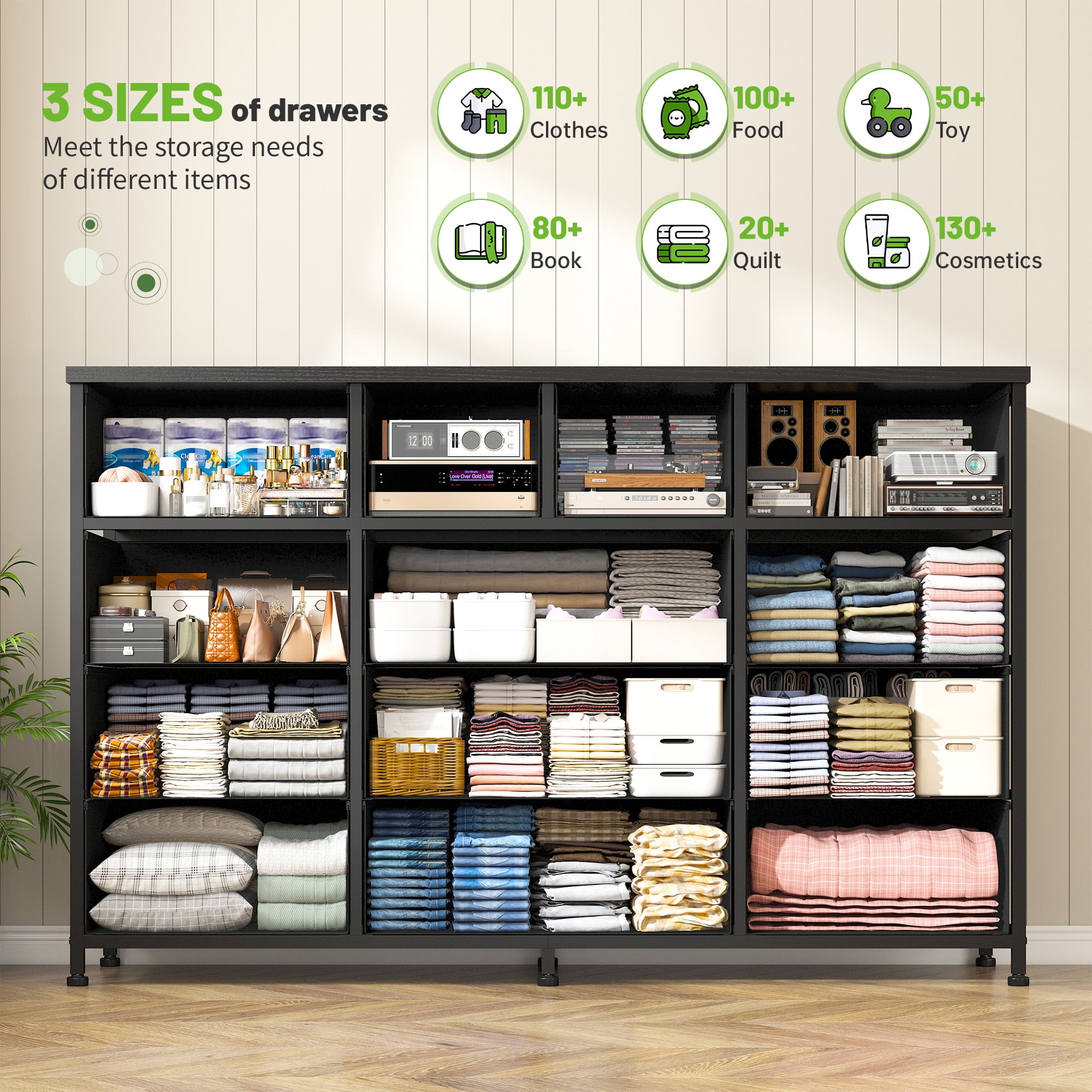 Black Dresser for Bedroom TV Stand with 13 Drawers for for 55" TV, Fabric Wide Dresser for Living Room