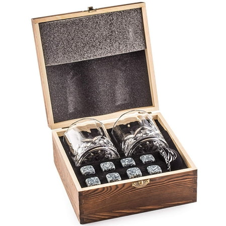Impressive Whiskey Stones Gift Set with 2 Glasses - Be Different When Choosing a Gift - Luxury Handmade Box with 8 Granite Whisky Rocks & Velvet Bag - Ice Cubes Reusable - Best Man
