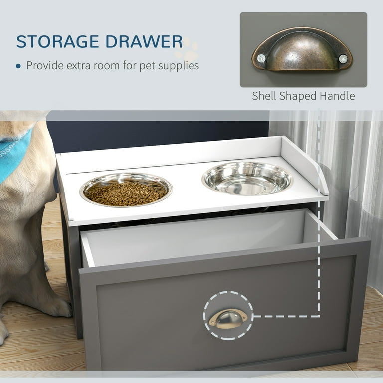 PawHut Large Elevated Dog Bowls with Storage Drawer Containing 21 L Capacity in Gray