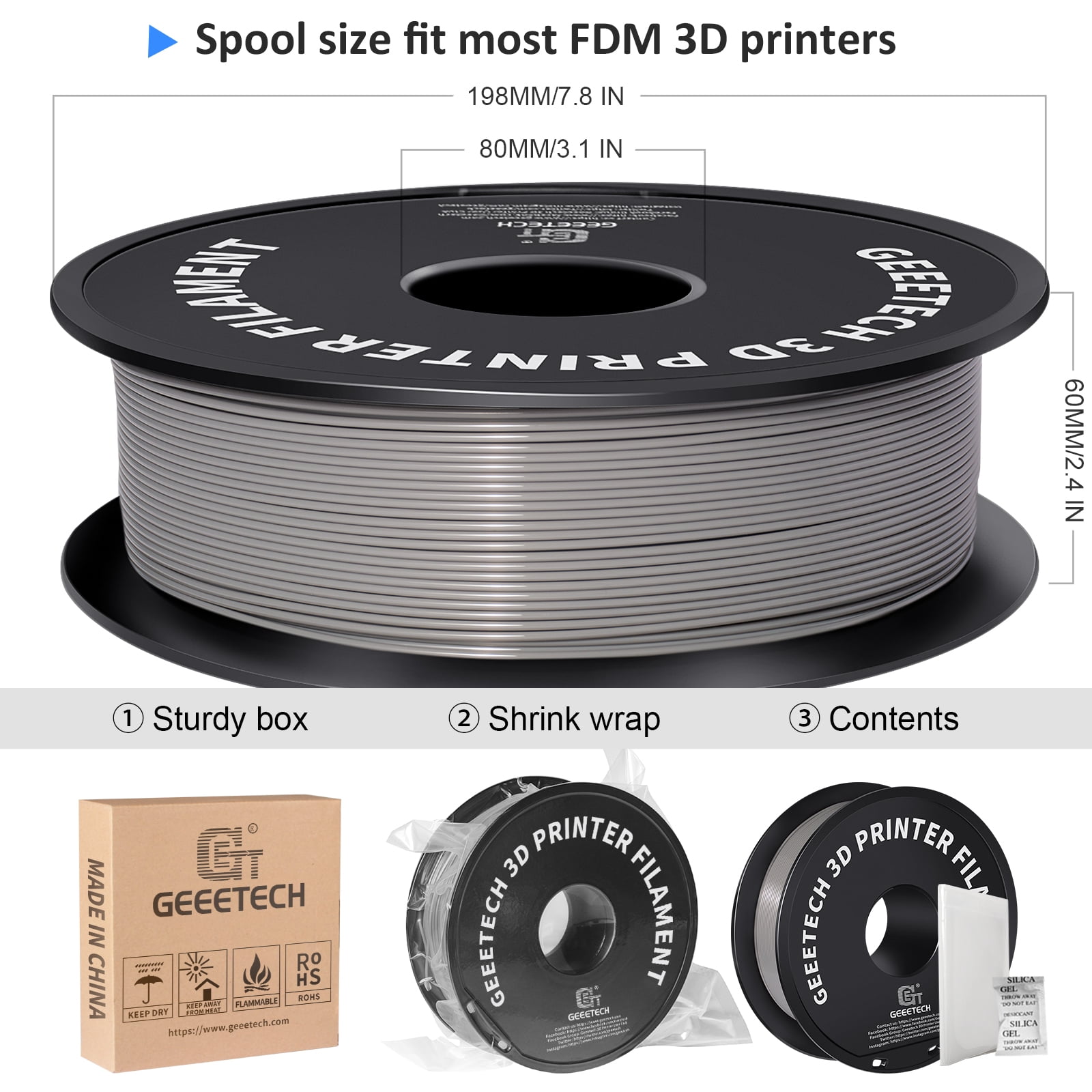 GEEETECH PLA 3D Printer Filament 1.75mm Gray, Dimensional Accuracy +/-0.03mm, 10kg (22lbs) , Vacuum Packaging, Fit for Most 3D FDM Printer
