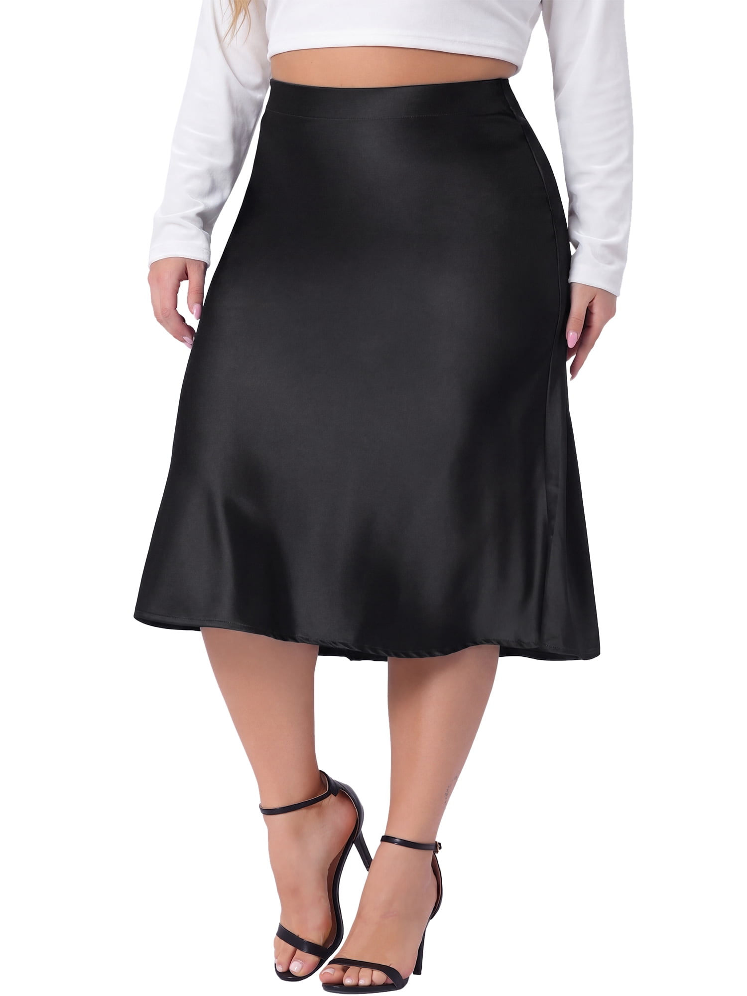 DARING DIVA Women's Plus Stylish Silky Satin Casual Midi Skirt Flared A Line 4X Black