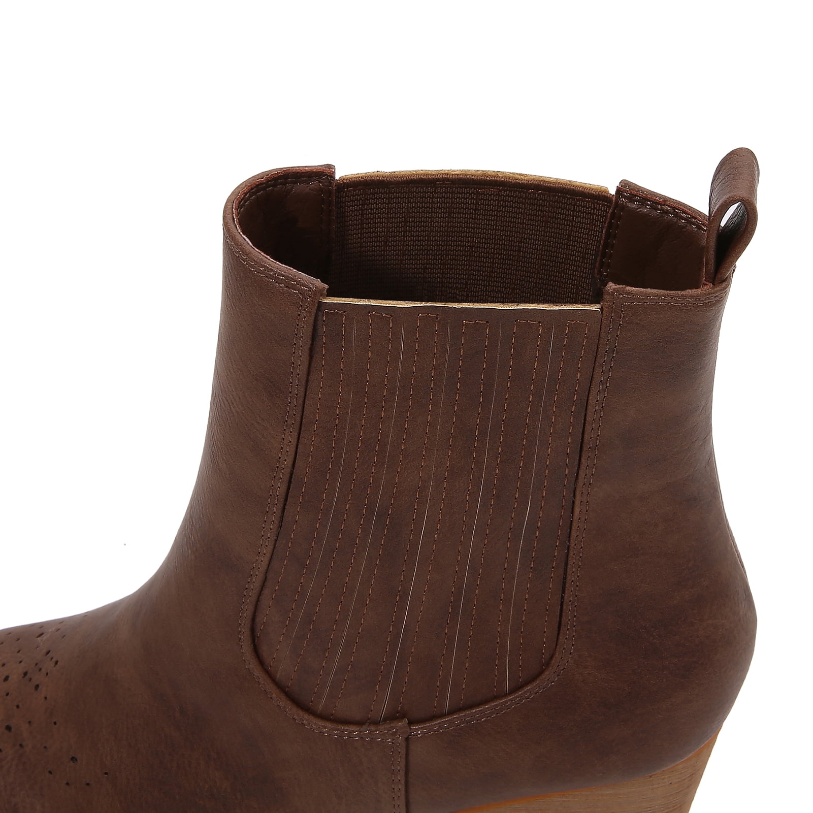Women PU Leather Perforated Front Stacked Heel Ankle Boots with Elastic Side Gussets (Brown / 10)