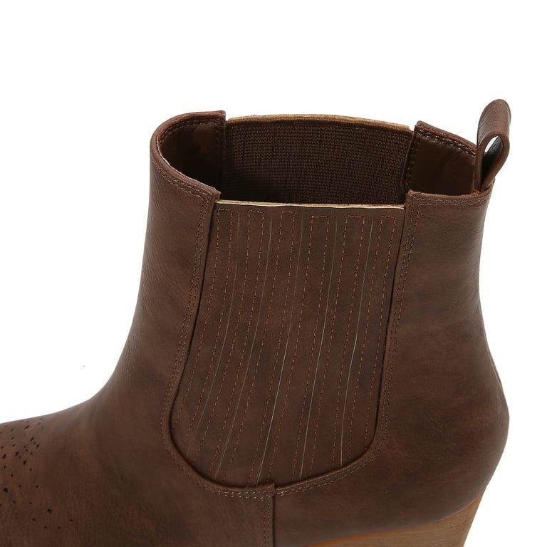 Brown stacked heel boots best sale