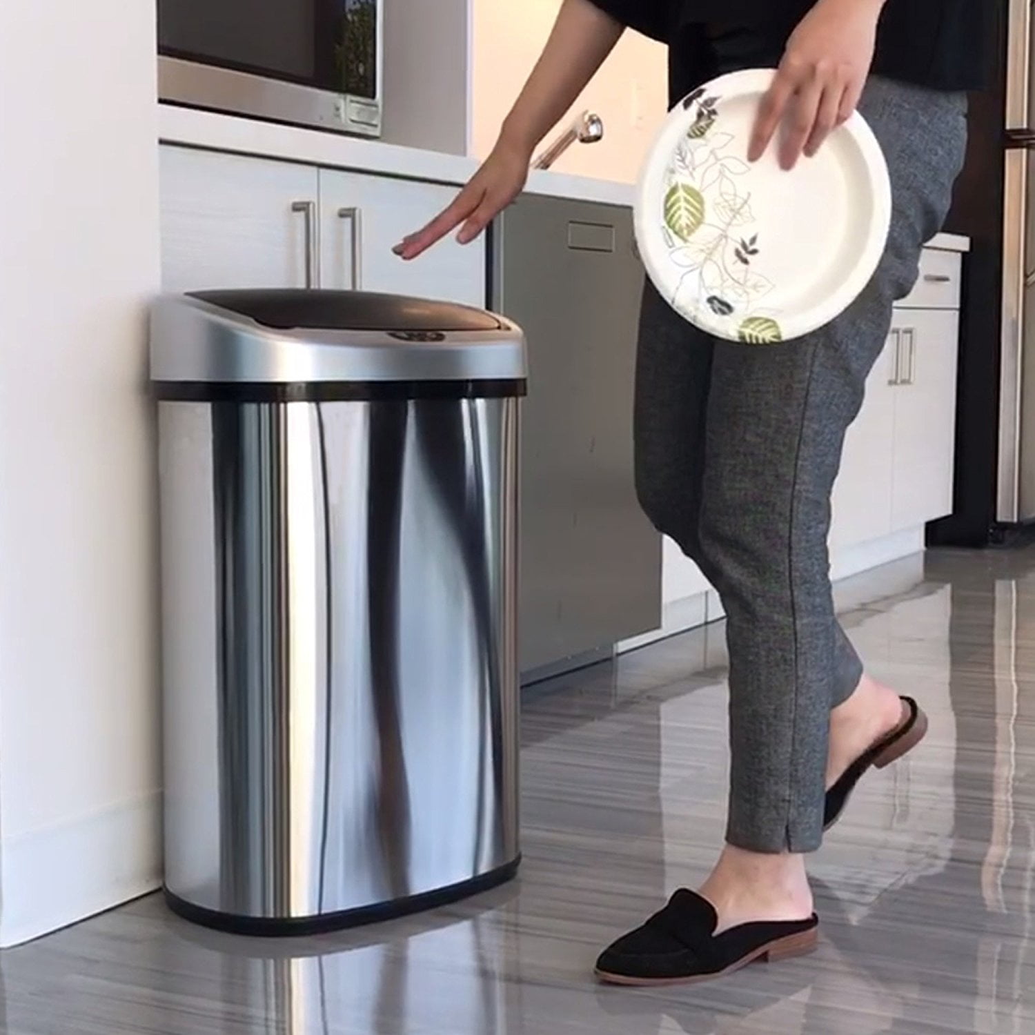 SensorCan Automatic Touchless Sensor Kitchen Trash Can with AC Adapter and Odor Filter Kit - Stainless Steel  13 Gallon / 49 Liter  Oval Shape