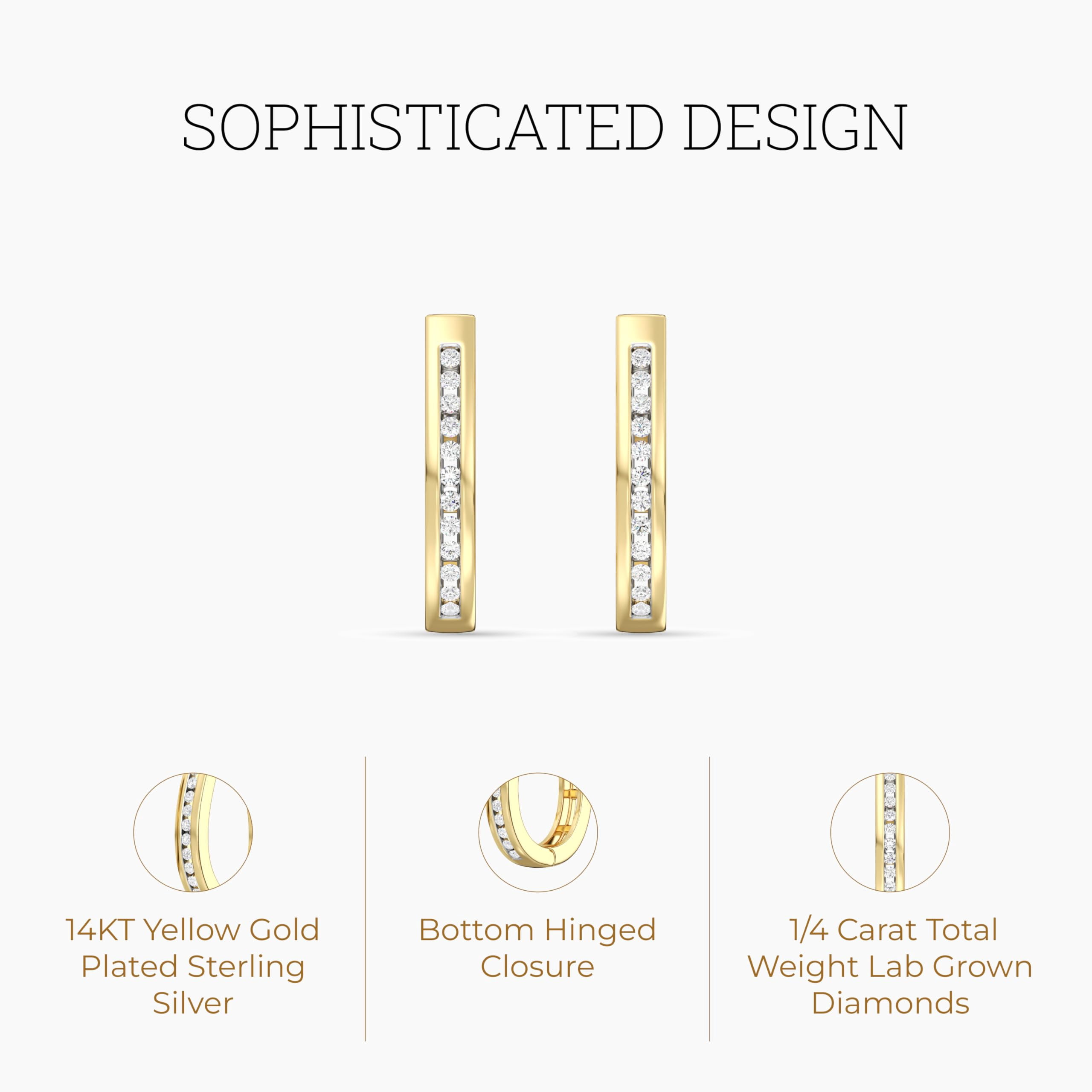 Gilded 1/4 Carat Total Weight Lab-Grown Diamond Channel Set Hoop Earrings for Women in 14KT Gold Plated Sterling Silver | Hypoallergenic Fine Jewelry | Bottom Hinged Closure | SI1 Clarity, F Color