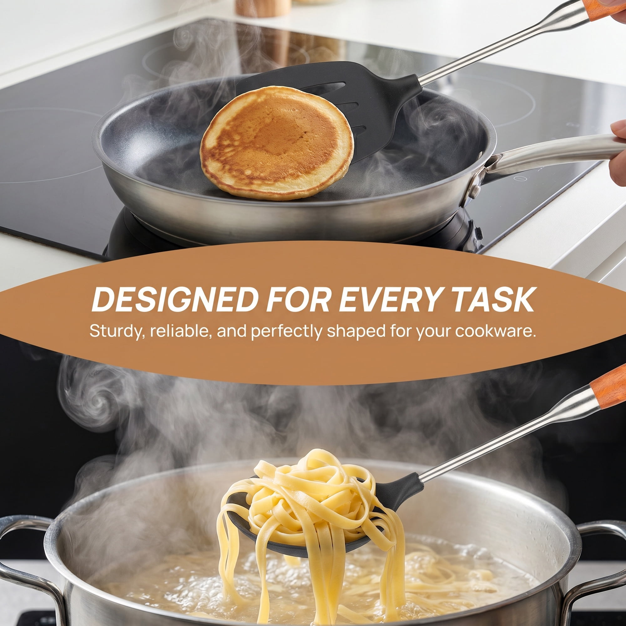 Unique Bargains Cooking Utensil Set, Stainless Steel Kitchen Utensils Black-Brown 4pcs