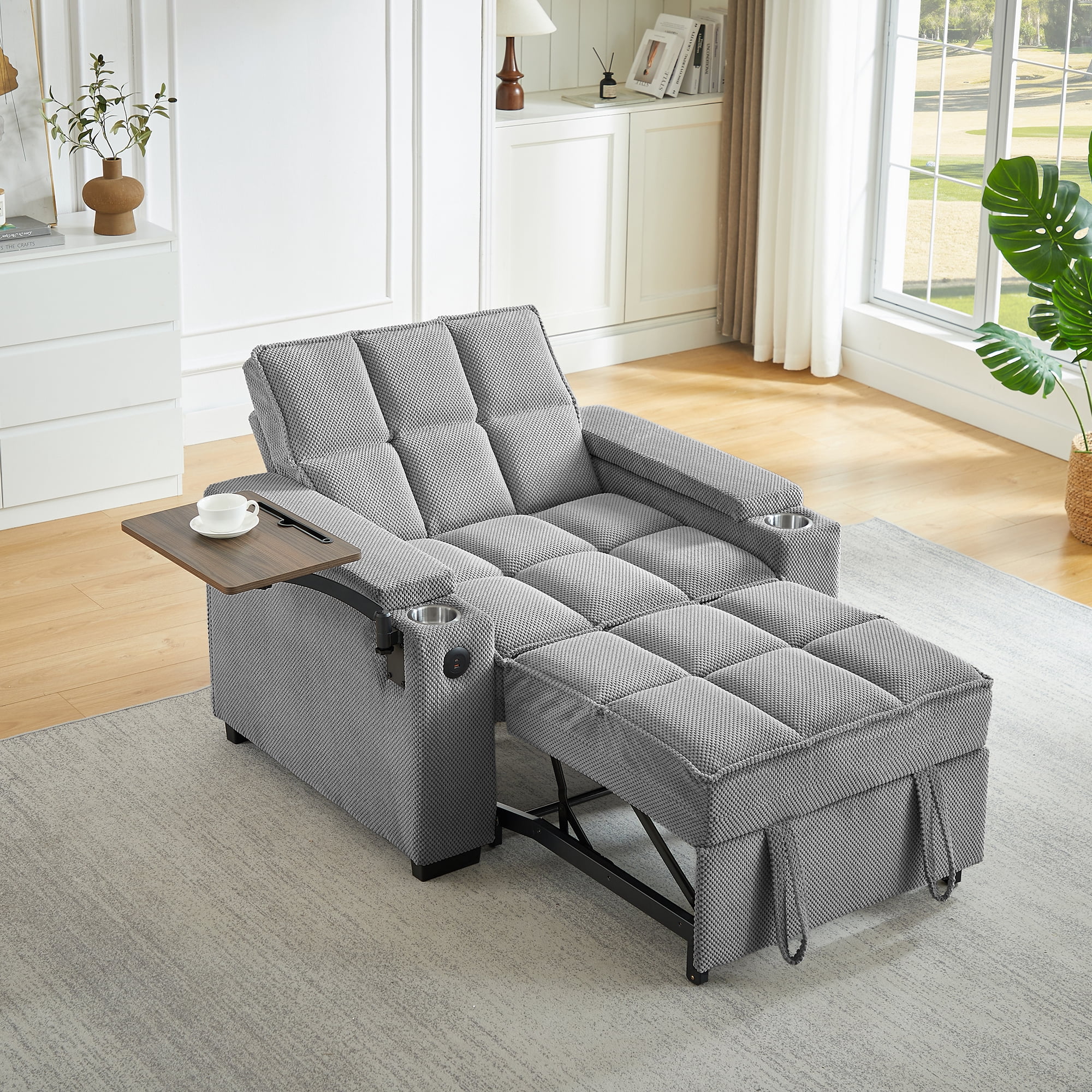 Gewnee 3-in-1 Convertible Sleeper Chair with Adjustable Backrest,Pull-Out Single Sofa Bed with Swivel Side Table & USB Ports & Cup Holder,Perfect for Dorms,Offices.Light Grey