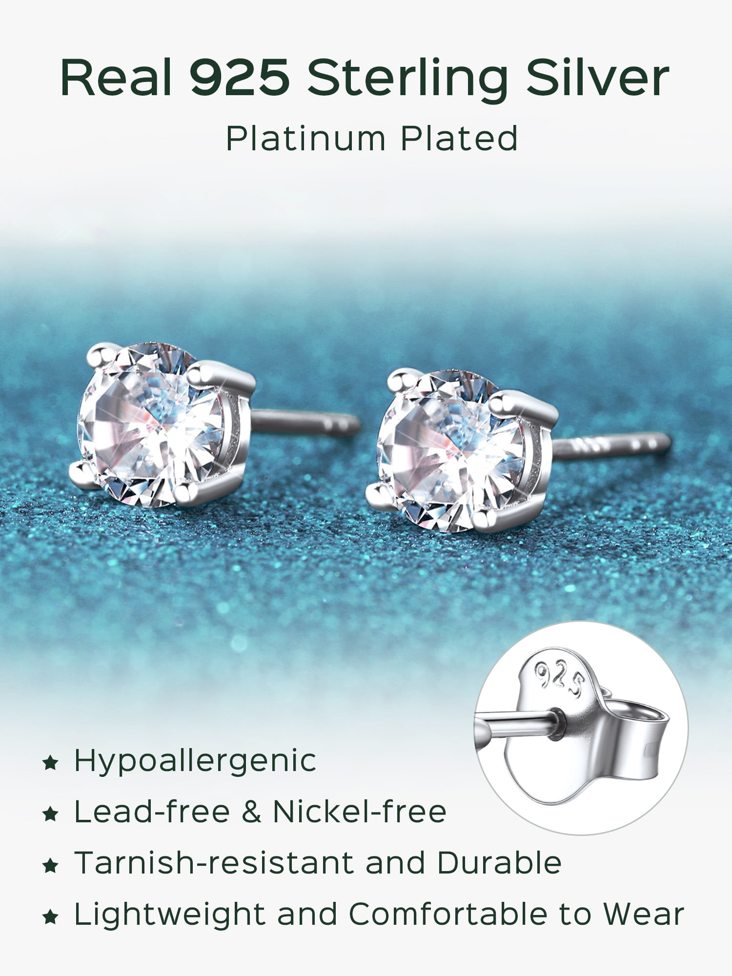 ChicSilver 3 Pairs Sterling Silver Cubic Zirconia Stud Earrings for Women Hypoallergenic Tiny Simulated Diamond Ear Stud Set for Sensitive Ears