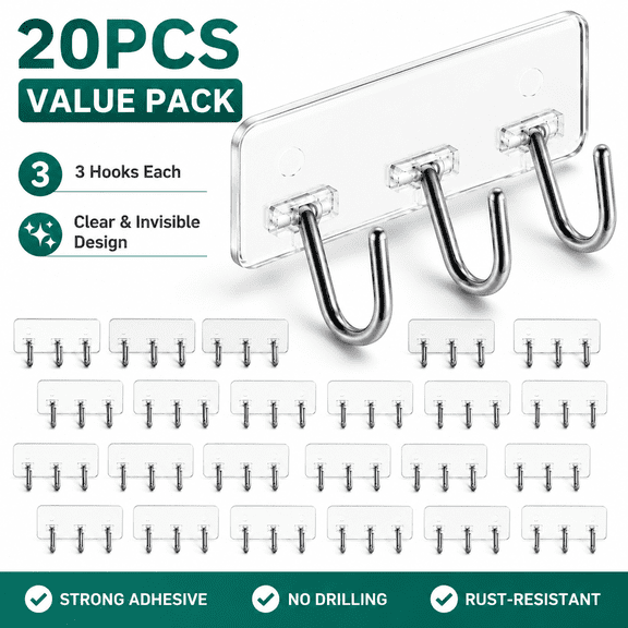 Tattom 20 PCS Adhesive Wall Hooks 22LB Heavy Duty No Drill Transparent Waterproof Hooks for Bathroom Kitchen Towel Coat
