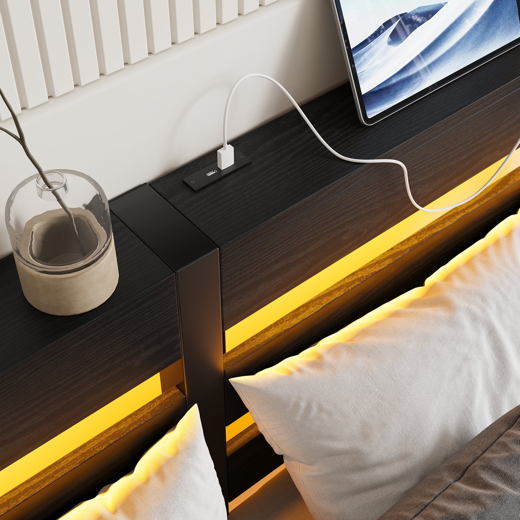 Miniyam Full Size Bed with USB Charging Station, LED Bed for Adult, Black