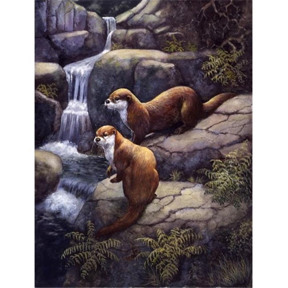 Otters by the Waterfall by Daphne Baxter Flag Canvas House Size