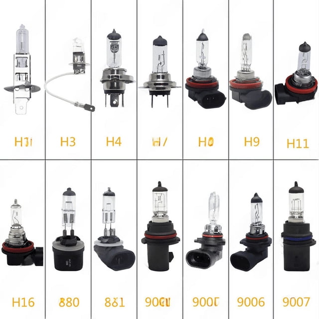 bombilla halógena para faros delanteros de coche, luz blanca cálida de 12 v H1/H3/H4/H7/H8/H11 — varias bombillas de cuarzo alineadas sobre fondo blanco con vistas frontales y laterales; tubo de vidrio con filamento visible, casquillos metálicos y conectores plásticos con juntas de goma, compatible con montajes H1 H3 H4 H7 H8 H11 y adecuada para reemplazo de faros; a menudo usada también para proyectos de iluminación automotriz pequeños o kits de prueba.