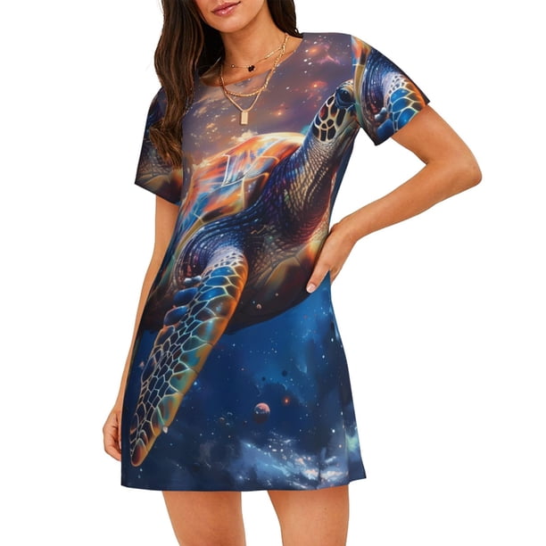 Balery Night Sky Turtle Camisón de manga corta con cuello redondo para mujer, cómodo y elegante.