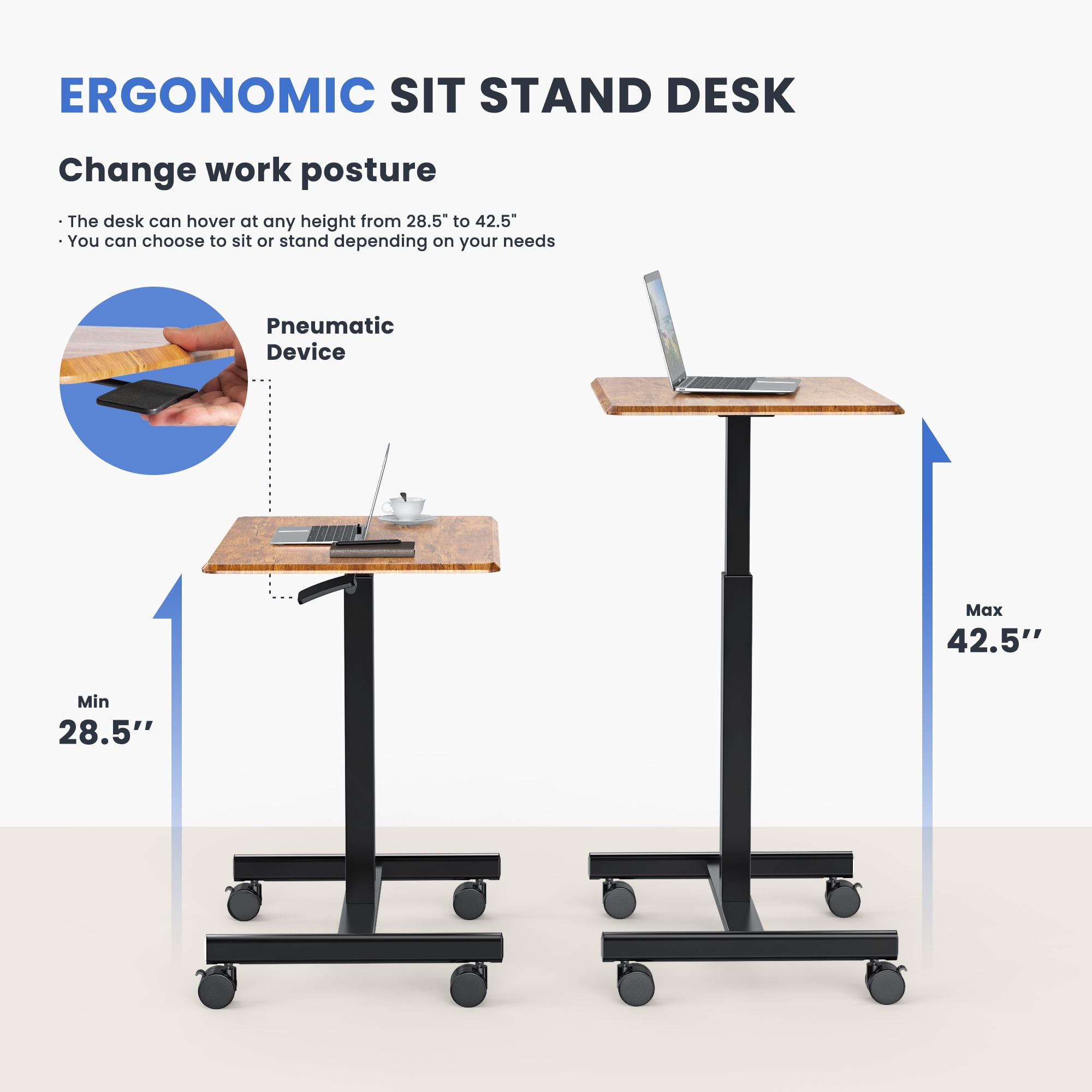EDX Small Standing Desk, Mobile Portable Rolling Desk with Lockable Wheels & Adjustable Height , for Home Office, Rust Brown