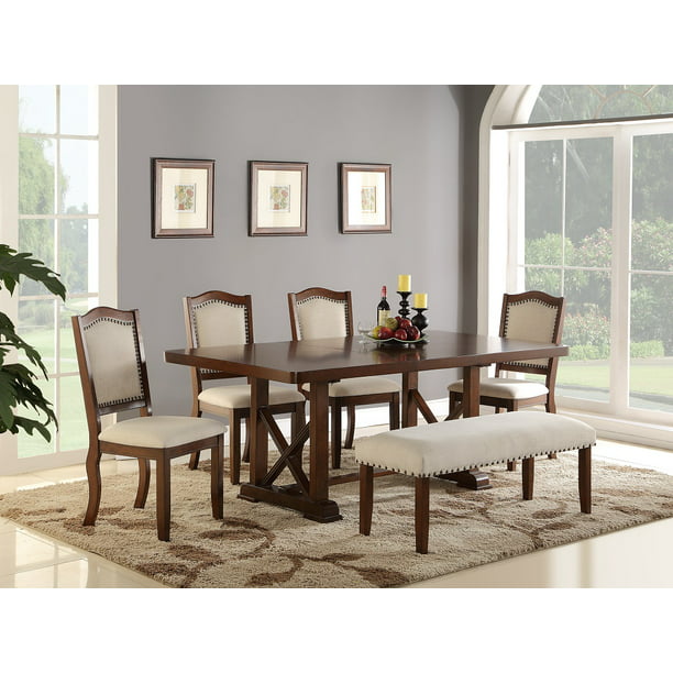 Luxury Classic Look 6pc Dining Set Dark, Dining Room Table With Leather Bench