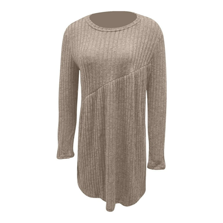 Swiftwear Women's Casual Long Sleeve Crew Neck Plus Size Dress - Ribbed Knit Pleated Tunic Dresses S-3xl, Fall Winter Comfy Outfit, Size: Small, Brown