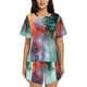 thumbnail image 1 of Balery Colorful Abstract Waves Conjunto de Pijama para Mujer con Estampado, Dos Piezas de Manga Corta y Shorts, Ropa de Dormir Suave con Cuello Redondo y Bolsillos-Medium, 1 of 1