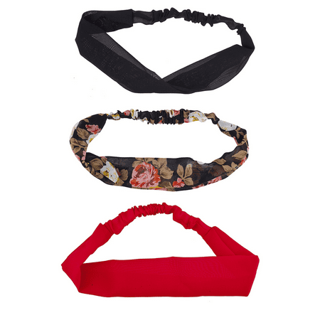 Lux Accessories Black Red Multi Floral Flower 3 Pack Chiffon Soft Headband Set